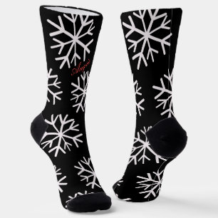 Chaussette Flocons de Noël Nom en script noir et blanc