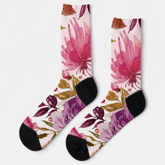 Chaussette Floral Aquarelle Rouge, Rose, Mauve (Gauche)