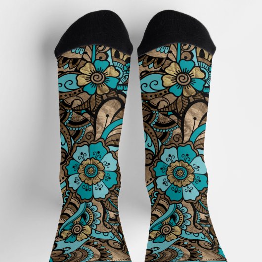Chaussette Floral Paisley Motif - turquoise et or (Haut)