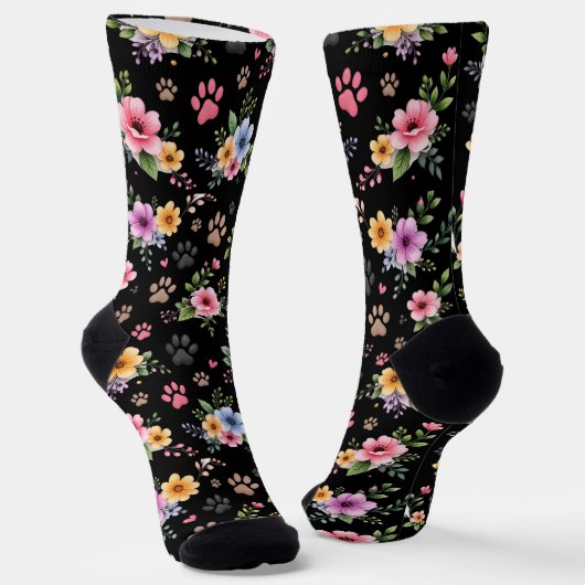 Chaussette Floral & Paw Print Pattern Socks – Cute Pastel Pet (Angulaire)