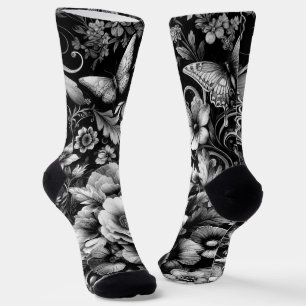 Chaussette Florale d'antiquité monochrome avec papillons