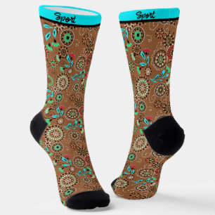 Chaussette Folk ethnique abstrait motif floral brun rétro