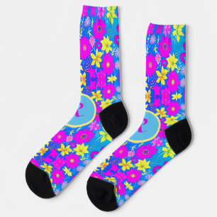 Chaussette Fond à motif de fleurs rose bleu jaune ajouter nom