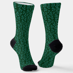 Chaussette Fond vert foncé avec feuilles botaniques sarcelle