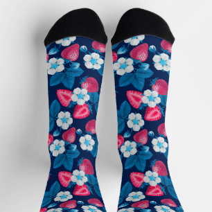 Chaussette Fraises roses sur fond bleu