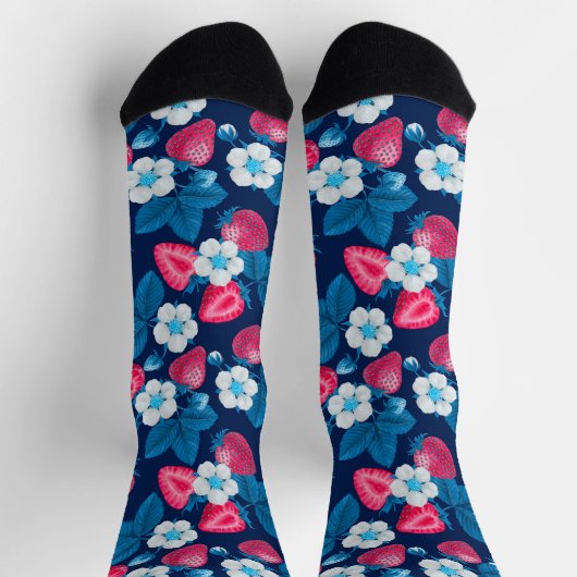 Chaussette Fraises roses sur fond bleu (Haut)