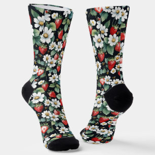 Chaussette Framboises Rouges Et Fleurs Blanches Berry Patch