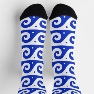 Chaussette Fret grec, Motif d'onde méditerranéen, Bleu