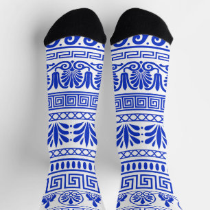 Chaussette Fret grec, Motif méditerranéen, Bleu