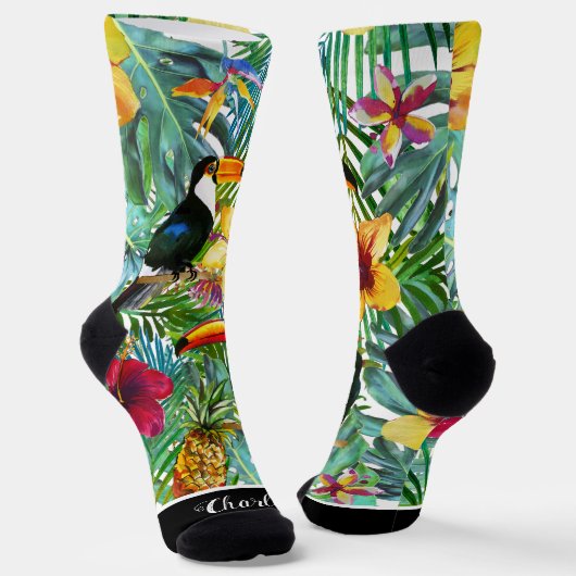 Chaussette Fun Custom Tropical Floral avec Toucans (Angulaire)