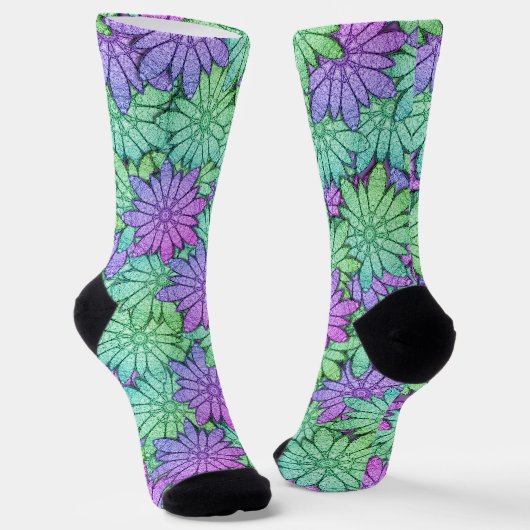 Chaussette Fun Purple et Fleurs vertes (Angulaire)