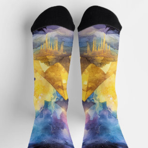Chaussette Galaxie Désertique au Caméléon et Pyramide en Aqua