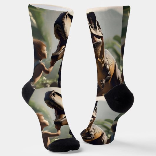 Chaussette Géant doux : Le T-Rex amical qui aime un chat (Angulaire)