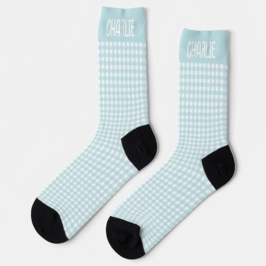 Chaussette Gingham Blue and White Plaid  Custom Name Rustic (Gauche)