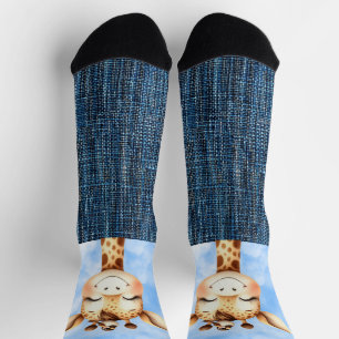 Chaussette Girafe souriante et oiseau