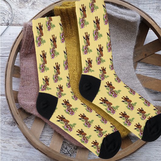 Chaussette Giraffe Fleurs de Portrait Jaunes