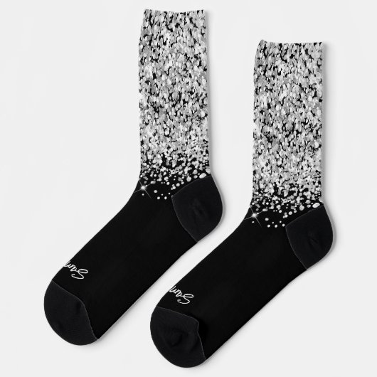 Chaussette Glittery Silver Black Glam Brush Nom du script (Gauche)