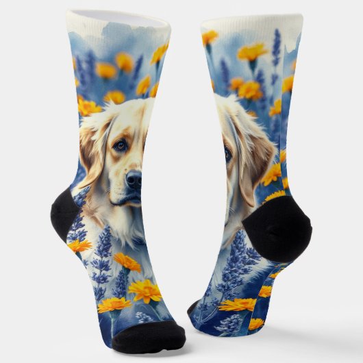 Chaussette Golden Retriever dans les fleurs (Angulaire)