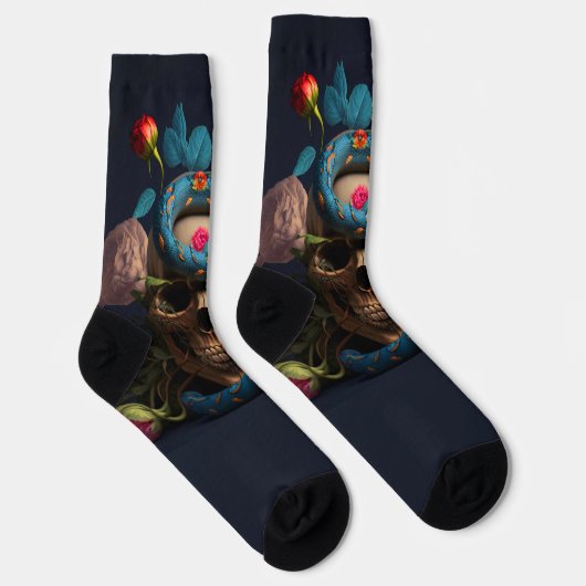 Chaussette Goth Crâne, serpent bleu et fleurs sur bleu (Droite)