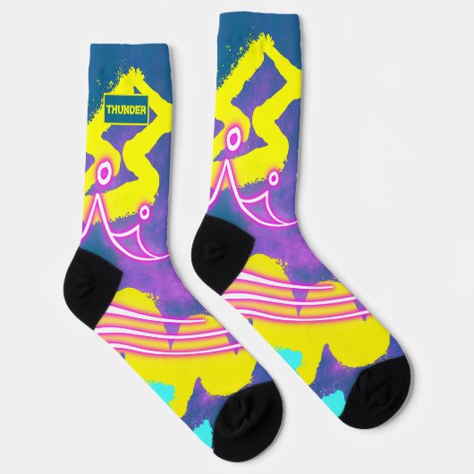 Chaussette Graffiti moderne bleu néon jaune (Droite)
