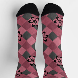 Chaussette Gray rose géométrique à damiers motif avec fleurs