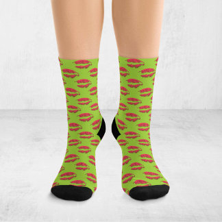 Chaussette Green and Red Pop Art Kissing Lips XOXO