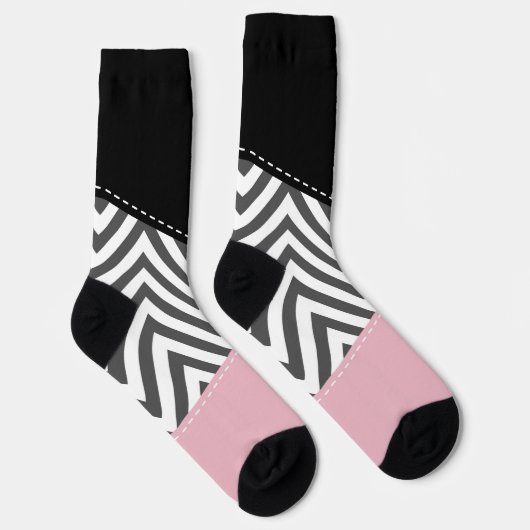 Chaussette Gris Zigzag, Gris Chevron, Motif Zigzag, Rose (Droite)