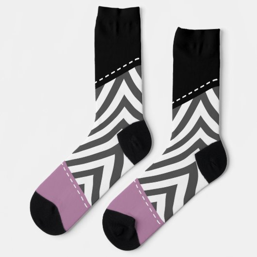 Chaussette Gris Zigzag, Gris Chevron, Motif Zigzag, Violet (Gauche)