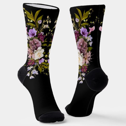 Chaussette grooms bouquet floral violet sur noir (Angulaire)
