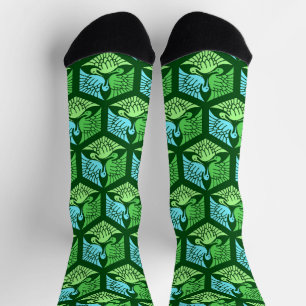 Chaussette Grues japonaises, vert jade et bleu clair