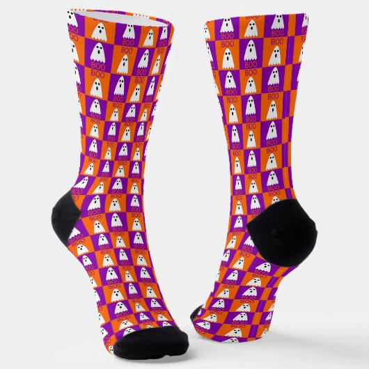 Chaussette Halloween Boo Ghost Purple et Carrés orange (Angulaire)