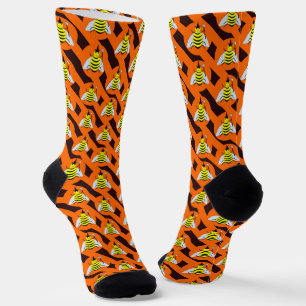 Chaussette Halloween Magic Bee Witch Orange et Black Stripes