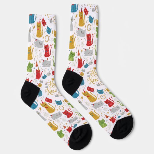Chaussette Happy New Year Cats Pattern Crew Socks (Droite)