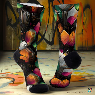 Chaussette Hexagonal Moderne en Émeraude, Magenta et Orange