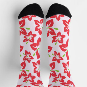Chaussette Hibiscus Rouge, Fleurs Rouges, Motif De Fleurs