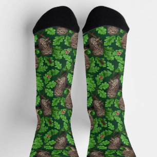 Chaussette Hiboux dans la forêt sur fond vert foncé