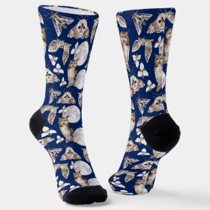 Chaussette Hiboux Moths Pleine Lune Sur Fond Bleu Foncé