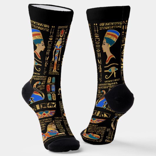 Chaussette Hiéroglyphes et divinités égyptiennes sur le noir (Angulaire)