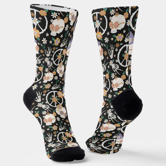 Chaussette Hippie Halloween Skulls et Fleurs Motif (Angulaire)