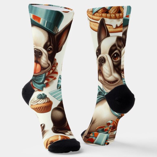 Chaussette Illustration Retro Cute Boston Terrier (Angulaire)
