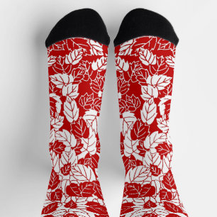 Chaussette Impression de feuille japonaise, rouge foncé et bl