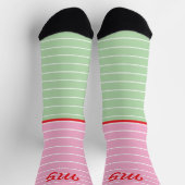 Chaussette Initiales style amusant rayures rose vert moderne (Haut)