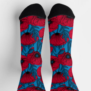 Chaussette Jardin de coquelicots rouges sur fond bleu