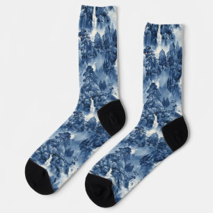 Chaussette Jardin d'eau japonais en porcelaine blanche bleue