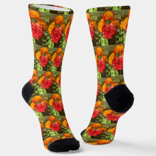 Chaussette Jardin Orange Et Fleur Rouge