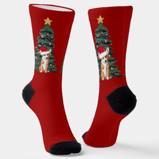 Chaussette Joli Corgi Noël Arbre Rouge (Angulaire)