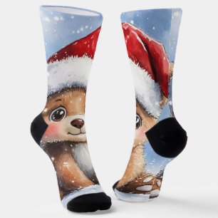 Chaussette Joli Noël d'hiver ours en peluche Santa aquarelle