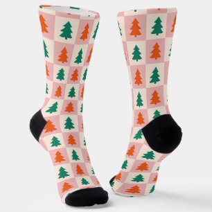 Chaussette Joli sapin de Noël motif vert rétro rose