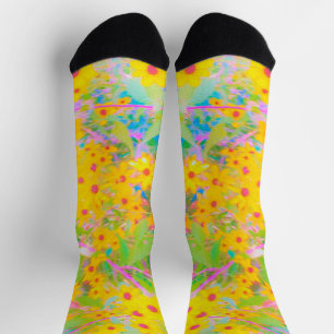 Chaussette Jolies fleurs jaunes et rouges avec turquoise