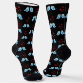 Chaussette Jolis Petits Oiseaux Bleus sur Fond Noir (Angulaire)